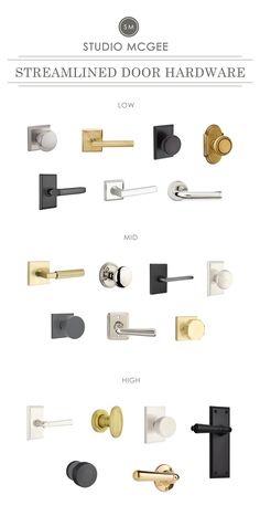 various types of door handles and knobs on white background with text that reads studio mcgee streamlined door hardware