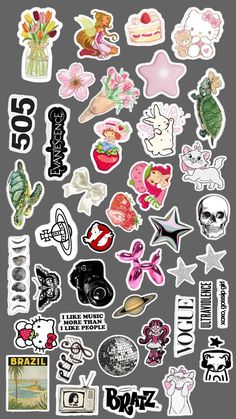 various stickers are shown on a gray background, including flowers and other things that appear to be from the past