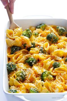 a casserole dish with broccoli and cheese