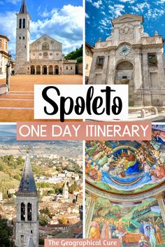 an aerial view of some buildings and the words spoleto one day itinerary