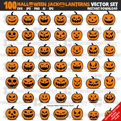 halloween jack o lantern pumpkins set with different faces and mouths, all in orange