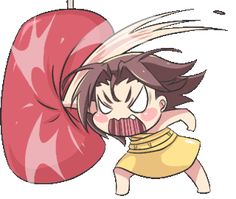 an anime character with her head in the air, pulling on a large red object