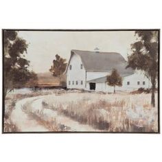 a painting of a white barn in the country