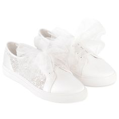 bella belle isadora sparkly wedding sneakers with removable tulle bow Wedding Flats For Bride, Wedding Sneakers For Bride, Wedding Footwear, Bridal Sneakers, Tulle Bow, Wedding Sneakers, Bridal Flats, Sparkly Wedding, Tulle Bows