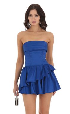 Enid Corset Strapless Dress in Blue | LUCY IN THE SKY Blue Hoco Dress Short, Senior Dresses, Blue Hoco Dress, Short Orange Dress, Cute Hoco Dresses, Dressy Clothes, Rush Outfits, Cute Formal Dresses, Beach Party Dress