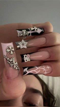 Easy Nail Designs For Natural Nails, Red Nail Y2k, Grunge Long Nails, Y2k Nail Inspired, Nails Blinged Out, Nail Art Designs Hello Kitty, Black Nail Designs Y2k, Nails Cybersigilism, Goth Long Nails