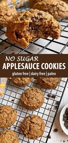 no sugar appleauce cookies on a cooling rack with chocolate chips and oats