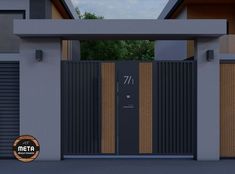 an entrance to a modern house with metal doors and wooden slats on the sides