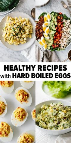 healthy recipes with hard boiled eggs in bowls and plates on the table, including an egg shell