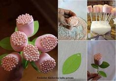 several different pictures with flowers and cake pops in the shape of flowers, leaves, and marshmallows