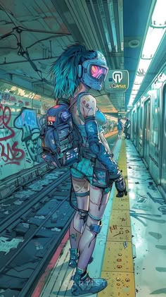 a woman with blue hair and goggles is standing on a subway platform while holding onto a backpack