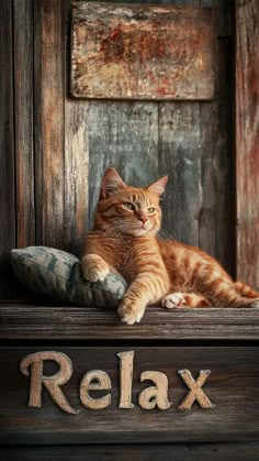 an orange cat laying on top of a wooden bench next to a sign that says relax