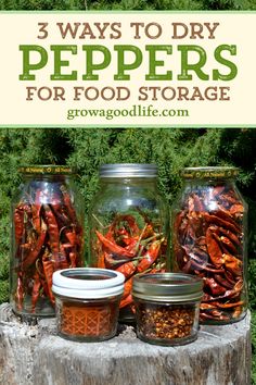 jars filled with food sitting on top of a tree stump