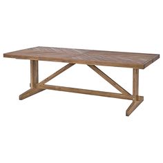 a wooden table with two crossed legs and a square top on an isolated white background