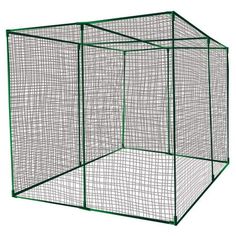 a green and white playpen with mesh covering on the sides, in front of a white background