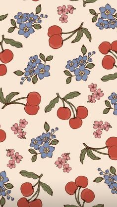 an apple and flower pattern is shown on a white background with red, blue, and pink flowers