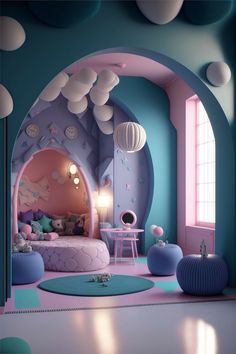 a room with blue walls, pink and purple furniture and clouds on the ceiling above it