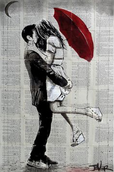 a couple kissing under an umbrella in front of a newspaper page with the word love written on it