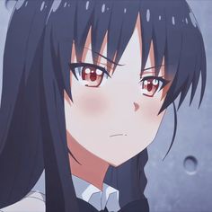 an anime character with long black hair and red eyes