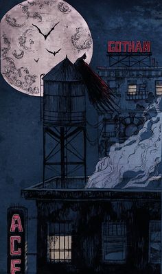 an illustration of a building with a full moon in the background and bats flying over it