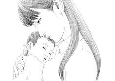 a drawing of a mother holding her son's head while he looks at the camera