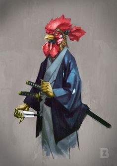 a painting of a rooster dressed as a geisha