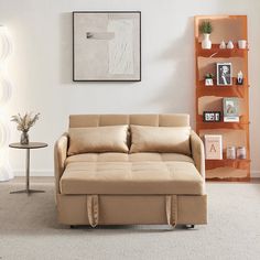 a living room with a couch, chair and bookcase in the corner on carpeted flooring