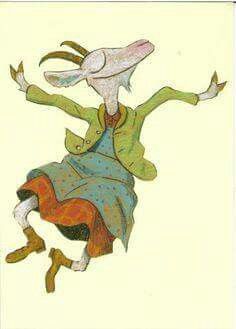 a drawing of a rabbit dressed in an old fashioned dress and hat, jumping up into the air