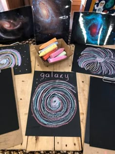 chalkboard art displayed on wooden table with galaxy pictures