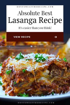 lasagna casserole on a plate with the title above it