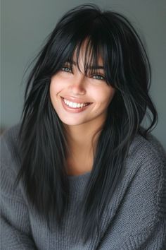 Strategic Straight Layers on Long Hair with Bangs. Med Length Hair With Bangs Medium Layered, Side Bangs Layered Hair Medium, Layers Black Hair Medium, Hair Side Part Hairstyles, Short Haircut For Black Hair, Hair Styles With Layers Medium, Wolf Haircut Fine Hair, Black Shoulder Length Hair With Layers, Long Length Hair With Bangs