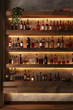 a woman standing in front of a bar filled with liquor bottles