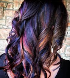 Fashion Color Highlights Brunette, Multi Colored Highlights For Brunettes, Brunette With Colorful Highlights, Brunette With Vivid Color, Colorful Lowlights, Fun Spring Hair Color Ideas 2023, Bold Highlights For Dark Brown Hair, Spring Summer Hair Color 2023, Edgy Fall Hair Color