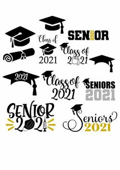 graduation caps and gowns are shown in black and white, with the words class of 2021