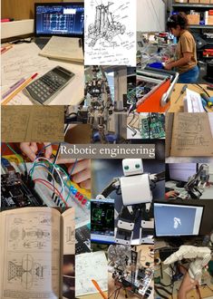 a collage of images with electronic equipment and people working on them in the background