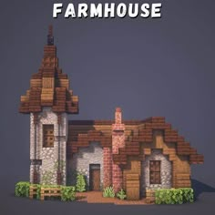 a small house made out of bricks with the words farmhouse on it's side