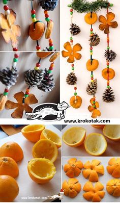 oranges and pine cones are being made to look like christmas decorations for the tree