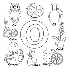 the letter o is for orange and other things that are labeled in this coloring page