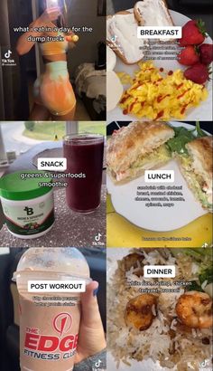 there are many different foods and drinks on this page, including ice cream, salads, breakfast sandwiches, lunches, and desserts