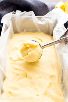 a scoop of ice cream sitting in a pan