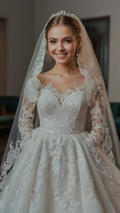 a woman wearing a wedding dress with long sleeves and a veil on her head is smiling at the camera