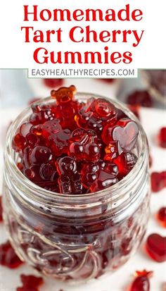 homemade tart cherry gummies in a jar with text overlay that reads homemade tart cherry gummies