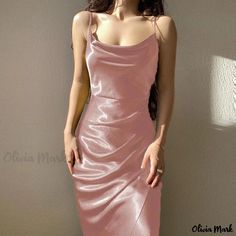 Olivia Mark - Glamorous Exposed Back Floor-Length Dress Satin Long Dress, Party Dresses Women, Pink Bodycon Dress, Pink Bodycon, Sleeve Gown, Long Sleeve Dress Formal, Long Sleeve Gown, Low Neckline, Long Evening Gowns