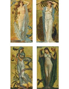 four paintings of women in different styles and colors, each with an image of a woman holding