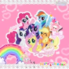 a group of little pony stickers sitting on top of a pink background with hearts