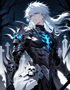 an anime character with white hair and blue eyes standing in front of a graveyard background