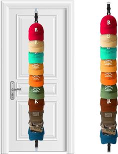 an open door and a stack of hats hanging from hooks