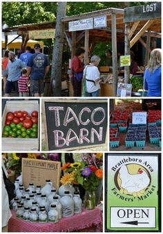 people are shopping at an outdoor farmer's market, and there is a sign that says taco barn