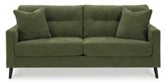 a green couch with two pillows on it's back and one arm facing the camera