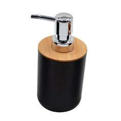 a black soap dispenser sitting on top of a wooden holder with a metal handle